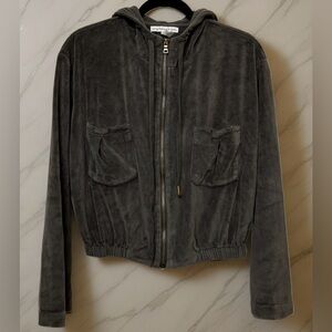 YOUNG FABULOUS & BROKE-Velour Fritzy Hooded Grey Mid-Length Jacket Sz MEDIUM